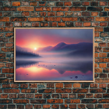Carregar imagem no visualizador da galeria, Foggy Sunset Over a Pine Forest and Lake, Fall Tones, Wall Decoration, Framed Canvas Print, cool wall art, minimalist boho wall art
