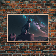 Load image into Gallery viewer, Cheetah overlooking the valley, synthwave retro style animal prints, framed canvas print, framed wall art, starry Africa night sky
