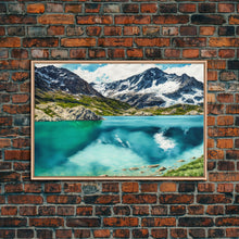 Load image into Gallery viewer, Watercolor painting canvas print of a mountain lake landscape, framed canvas print, framed wall art
