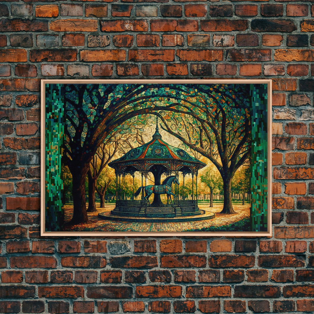 Framed Canvas Print, Painting of a Vintage carousel, Stained Glass Style Wall Art