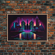 Cargar imagen en el visor de la galería, Retro Style Synthwave Wireframe City, Outrun Style, Framed Canvas Print, 80s Vibes Art
