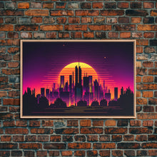 Load image into Gallery viewer, Outrun Style Futuristic Cyberpunk City Skyline at Sunset, Concept art, framed canvas print, dystopian art
