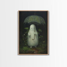 Carregar imagem no visualizador da galeria, Ghost Holding an Umbrella In The Rain, Vintage Halloween Canvas Print, Framed Canvas, Halloween Wall Art, Dark Academia, Spooky Haunted
