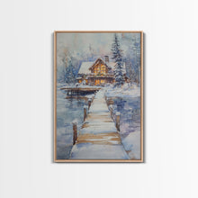 Cargar imagen en el visor de la galería, Christmas At The Lake, Framed Canvas Print, Wood Frame Lake House Decor, Winter Lakehouse Art
