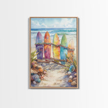 Cargar imagen en el visor de la galería, Christmas Surfboards On A Snowy Beach, Framed Canvas Print, Tropical / Nautical Christmas Art or Gift Idea, Christmas Poster
