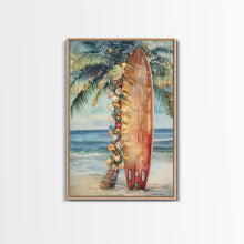 Cargar imagen en el visor de la galería, Surfboard Art Framed Canvas Print, Tropical Christmas Decor, Xmas Art, Christmas 2024 Gift Idea For Her
