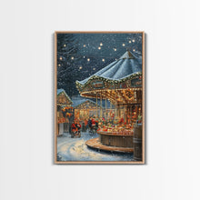Cargar imagen en el visor de la galería, Christmas Carousel at a Snowy Night Market with Festive Lights and Ornaments, Framed Canvas Print for Christmas Wall Decor
