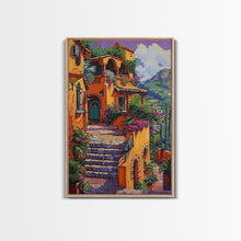 Carregar imagem no visualizador da galeria, Framed Canvas Print Tall Art Mexican Style Scenic Steps Lined With Colorful Flowers And Architecture
