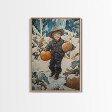 Load image into Gallery viewer, Cowboy Christmas Decor Framed Canvas Print with Pumpkin in Snow, Rustic Holiday Home Wall Art and Seasonal Gift Idea 2024
