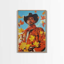 Load image into Gallery viewer, Autumn Cowboy Holiday Decor Framed Canvas Print with Leaves, Colorful Seasonal Wall Art Gift Idea 2024
