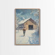 Load image into Gallery viewer, Cowboy Walking in Snow Scene Framed Canvas Print - Moody Landscape Art for Winter Home Decor 2024 Rustic Winter Wall Art

