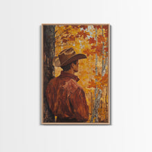 Load image into Gallery viewer, Cowboy in Autumn Forest Framed Canvas Print - Rustic Fall Wall Art Perfect Gift Idea 2024 Country Decor - Moody Landscape Art
