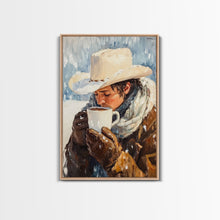 Load image into Gallery viewer, Cowboy Drinking Hot Cocoa Framed Canvas Print - Cozy Winter Wall Art 2024 Rustic Christmas Decor and Gift Idea
