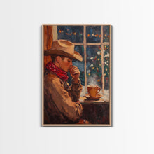 Load image into Gallery viewer, Cowboy in Snow with Coffee Framed Canvas Print - Winter Country Scene Art 2024 Cozy Christmas Wall Decor and Gift Idea
