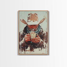 Load image into Gallery viewer, Cowboy Riding Horse in Winter Forest Framed Canvas Print - Moody Winter Landscape Art Perfect 2024 Christmas Home Decor
