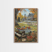 Carregar imagem no visualizador da galeria, Autumn Picnic Outdoors Tall Art Framed Canvas Print With Basket Of Apples, Fall Scene Wall Art, Country Farmhouse Decor For Kitchen
