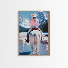 Cargar imagen en el visor de la galería, Female Cowboy Riding Through Winter Mountains Framed Canvas Print Christmas Wall Art Winter Wonderland Vintage Christmas Gift Wall Art
