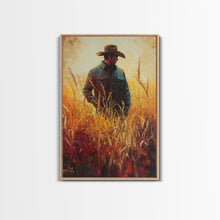 Load image into Gallery viewer, Cowboy in Golden Wheat Field Canvas Print, Western Landscape Art Gift, Seasonal Decor, Modern, Perfect Holiday Gift, Framed Canvas Print
