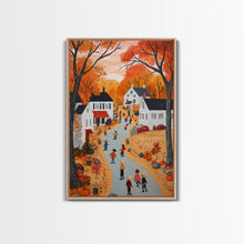 Carregar imagem no visualizador da galeria, Autumn Village Scene Framed Canvas Print Tall Art With Fall Leaves And Pumpkins, Cozy Wall Art For Seasonal Farmhouse Decor
