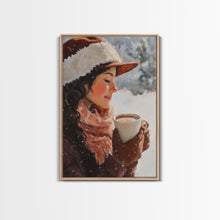 Load image into Gallery viewer, Framed canvas print of a peaceful winter scene with a woman a hot chocolate perfect for holiday gift idea or rustic Christmas wall art decor
