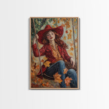 Carregar imagem no visualizador da galeria, Fall Cowgirl Enjoying Her Swing, Framed Canvas Print, Autumn Decor, Cute Wall Art Gift Idea
