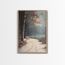 Load image into Gallery viewer, Framed Canvas Print of a Snowy Path with Trees and Red Leaves, Winter Wall Art, Moody Landscape, Best Gift Idea, Modern Christmas Decor
