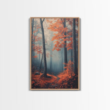 Carregar imagem no visualizador da galeria, Framed Canvas Print of Misty Autumn Forest with Vibrant Red Leaves, Seasonal Wall Art, Modern Farmhouse, Gift Idea, Fall Landscape Art
