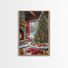Load image into Gallery viewer, Cozy Cabin Fireplace With Christmas Tree Framed Canvas Print Christmas Wall Art Farmhouse Christmas Decor Holiday Gift Christmas Tree Art

