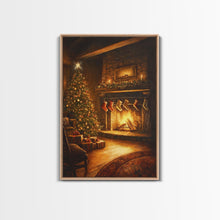 Load image into Gallery viewer, Rustic Cabin Fireplace With Christmas Tree Framed Canvas Print Warm Holiday Decor With Stockings And Christmas Lights Christmas Wall Art
