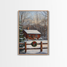 Load image into Gallery viewer, Snowy Log Cabin With Wreath And Fence Framed Canvas Print Rustic Winter Scene With Cozy Cabin In Snow Perfect Christmas Home Decor Wall Art
