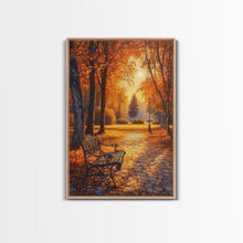 Carregar imagem no visualizador da galeria, Autumn Park Bench Scene With Trees And Lamppost Framed Canvas Print Wall Art Fall Decor, Rustic Autumn Art Gift, Seasonal Canvas Art
