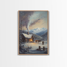 Load image into Gallery viewer, Mountain Cabin In Snow With Horses Framed Canvas Print Wall Art Rustic Winter Decor, Country Christmas Art, Winter Wonderland Scene
