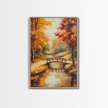 Carregar imagem no visualizador da galeria, Autumn Bridge Over Stream Framed Canvas Print Wall Art Fall Landscape Decor, Rustic Autumn Art Gift, Seasonal Wall Art
