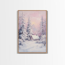Load image into Gallery viewer, Pink Snowy Cabin Landscape Framed Canvas Print Wall Art Winter Wonderland Decor, Christmas Art Gift, Rustic Winter Scene Art
