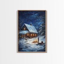 Load image into Gallery viewer, Cowboy Christmas by the Fire Framed Canvas Print, Western Holiday Decor with Snowy Cabin, Cozy Art Perfect for Rustic Christmas Winter Decor
