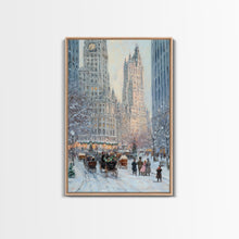 Cargar imagen en el visor de la galería, Historical City Winter Framed Canvas Print, Snowy Urban Landscape with Carriages and Victorian Architecture, Elegant Christmas Wall Art
