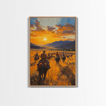 Load image into Gallery viewer, Cowboy Riders at Dusk Framed Canvas Print, Warm Sunset Western Scene with Riders on the Plains, Fall Decor Ranch Homes and Country Wall Art
