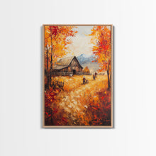 Carregar imagem no visualizador da galeria, Autumn Barnyard Framed Canvas Print, Vibrant Fall Landscape Cowboy and Barn, Perfect Rustic Wall Art Farmhouse or Ranch Style Fall Decor
