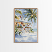 Carregar imagem no visualizador da galeria, Beach Christmas porch with palm trees and wreaths, holiday decor Framed Canvas Print Christmas wall art farmhouse tropical decor idea
