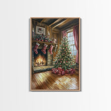 Load image into Gallery viewer, Cozy farmhouse Christmas interior Framed Canvas Print with tree stockings and fireplace, warm holiday art rustic Christmas decor mantle
