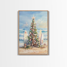 Cargar imagen en el visor de la galería, Coastal Christmas tree with surfboards at the beach Framed Canvas Print, tropical holiday wall art beach Christmas decor Christmas prints

