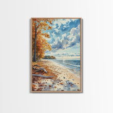 Carregar imagem no visualizador da galeria, Autumn beach landscape with vibrant fall leaves and coastal breeze Framed Canvas Print perfect fall wall art for seasonal farmhouse decor
