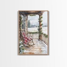 Carregar imagem no visualizador da galeria, Farmhouse porch decorated with garland and cozy rocking chair, Framed Canvas Print winter decor idea for rustic home Christmas wall art
