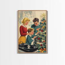 Load image into Gallery viewer, Mid-Century Family Christmas Celebration with Turntable and Christmas Tree, Retro Holiday Wall Art, Framed Canvas Print
