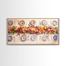 Load image into Gallery viewer, Festive Thanksgiving dinner table setting with colorful centerpiece, framed canvas print perfect autumn holiday decor wall art
