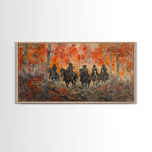 Load image into Gallery viewer, Framed Canvas Print Horseback Riders in Rustic Fall Forest, Cowboy Theme Wall Art, Autumn Home Decor, and Seasonal Canvas Wall Print
