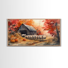 Load image into Gallery viewer, Framed Canvas Print Autumn Farm with Sheep and Pumpkins, Perfect Fall Decor, Rustic Country Home Wall Art, Seasonal Autumn Canvas Print
