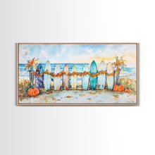 Load image into Gallery viewer, Framed Canvas Print Beach Scene with Surfboards and Pumpkins, Fall Beach Decor, Autumn Coastal Wall Art, Perfect Fall Beach Theme
