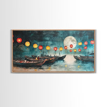 Load image into Gallery viewer, Framed Canvas Print Full Moon Lanterns on Boats, Dreamy Night Scene, Watercolor Christmas Art, Unique Holiday Decor, Coastal Christmas
