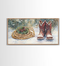 Carregar imagem no visualizador da galeria, Canvas Print Cowboy Boots with Christmas Wreath and Rope, Rustic Christmas Decor, Winter Western Holiday Art, Farmhouse Wall Print
